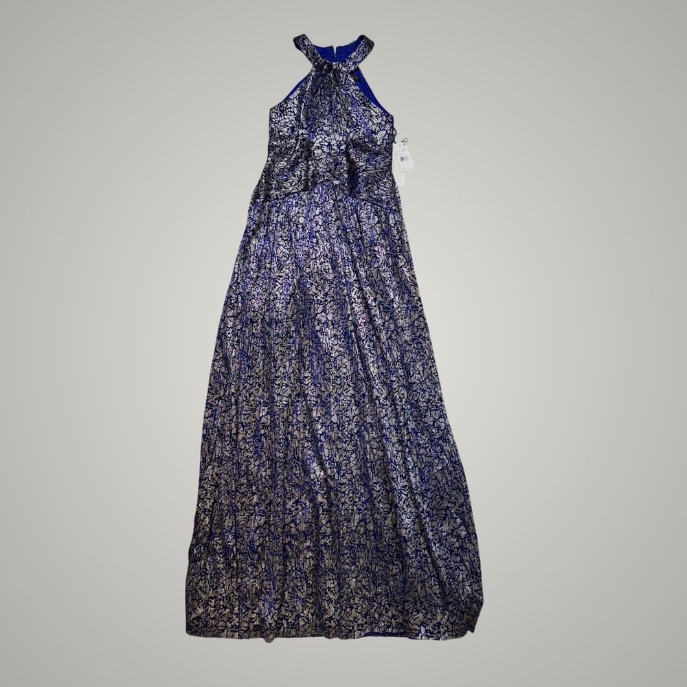 Aidan Mattox Gown Womens 4 Blue Silver Metallic Halter Jacquard Pleated Maxi NWT